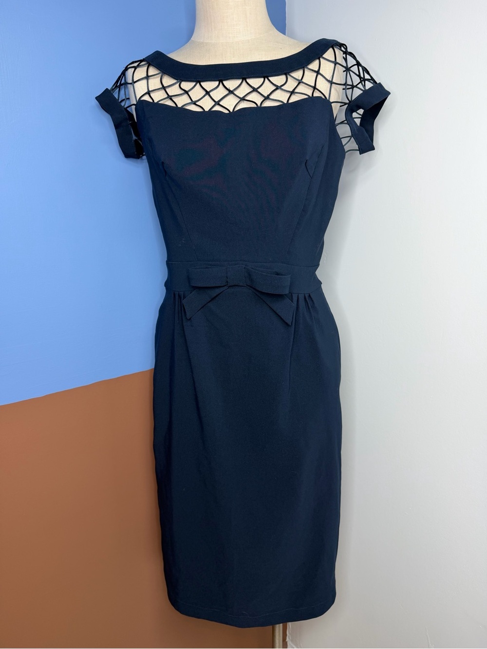 Tatyana Alina Pencil Dress in Navy Bow Short Sleeve Fishnet Neckline XL